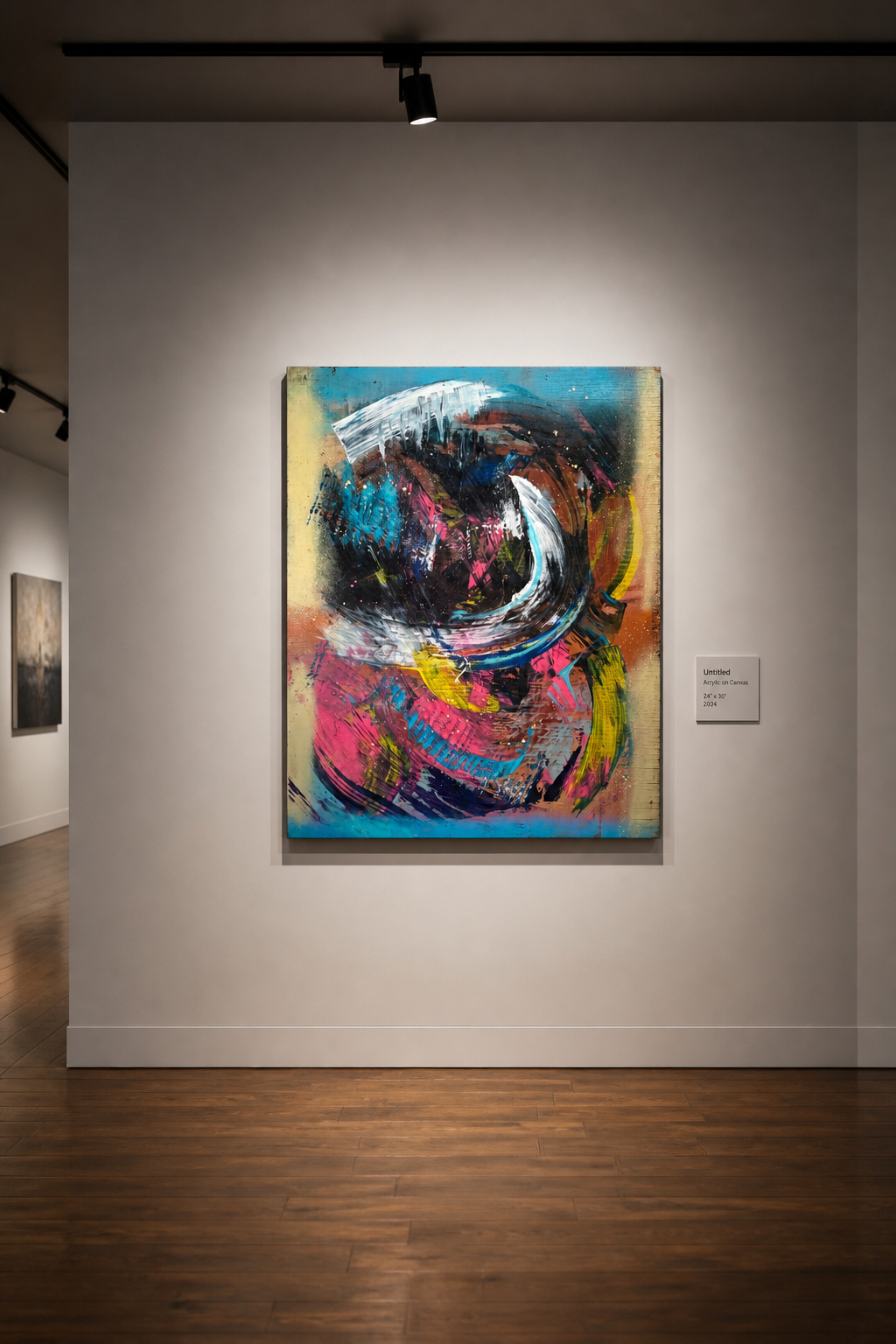 Colorful abstract painting by Gregory “Peck” Hayes with bold sweeping marks and blue, pink, and yellow accents