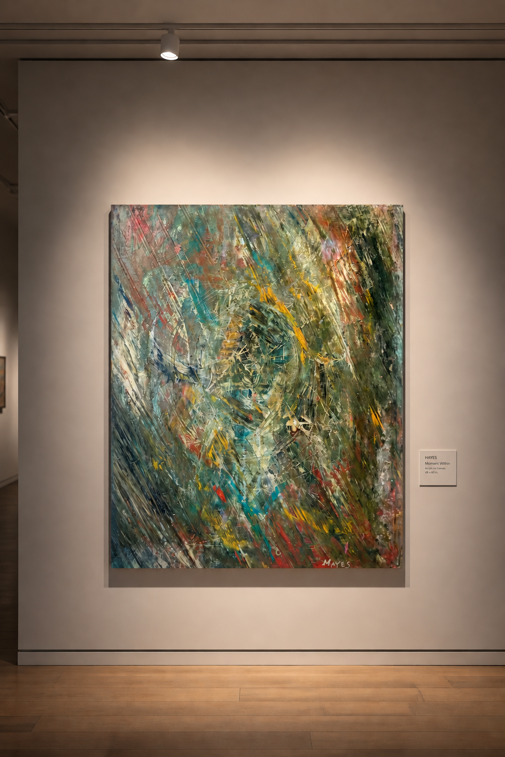 Green-toned abstract painting by Gregory “Peck” Hayes displayed on a gallery wall